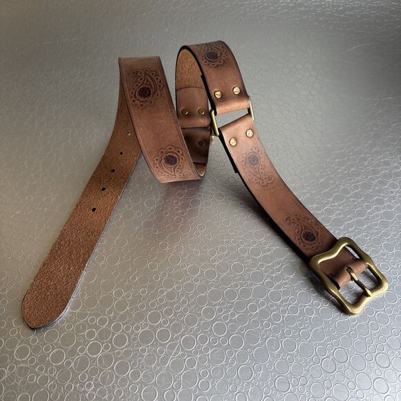 Lucky Brand Vintage Paisley Tooled Belt S Brown Leather Boho Western Cowgirl main image 5